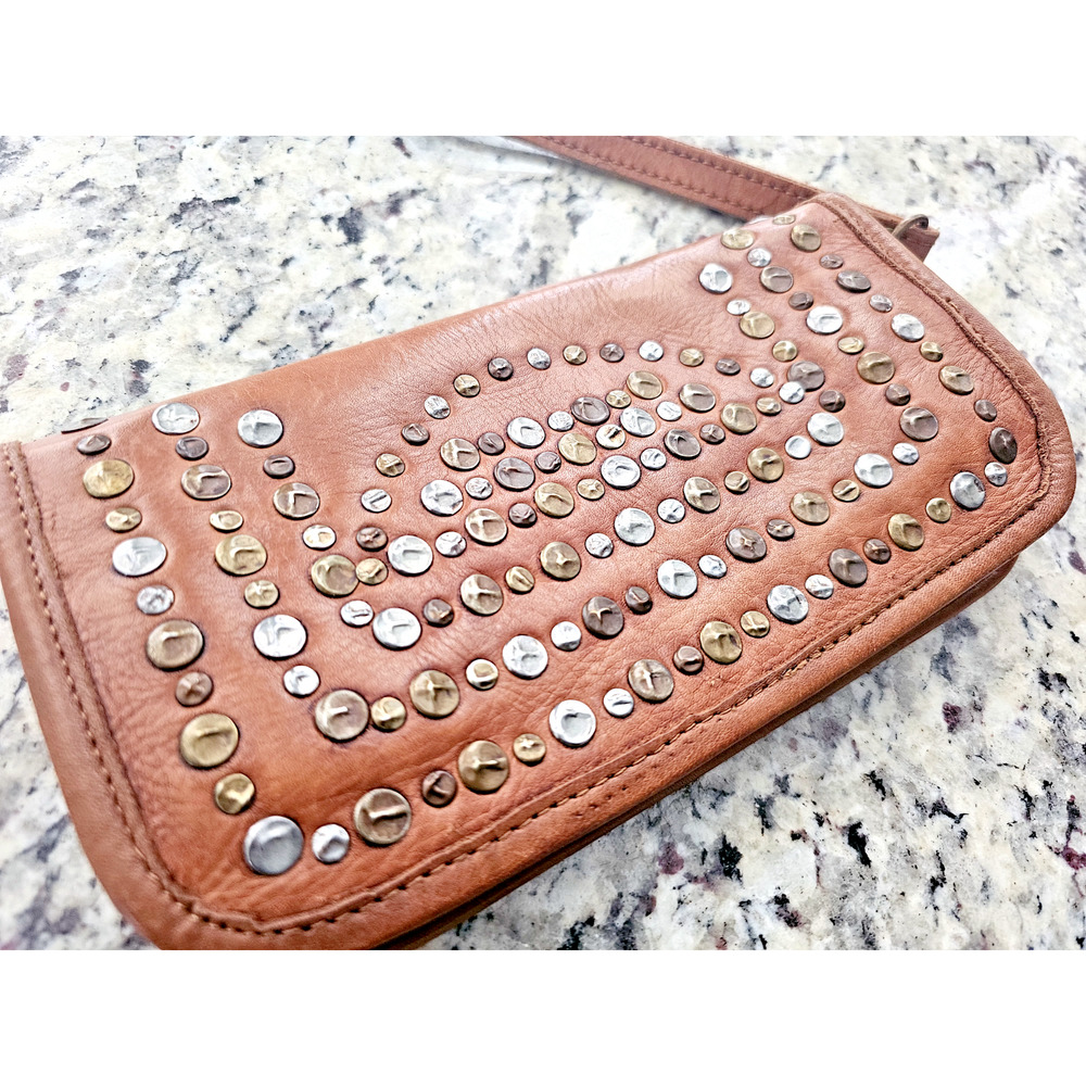 VIOLA CASTELLANI Wristlet Clutch Bag Italy Leather Circle Studs Zip Brown